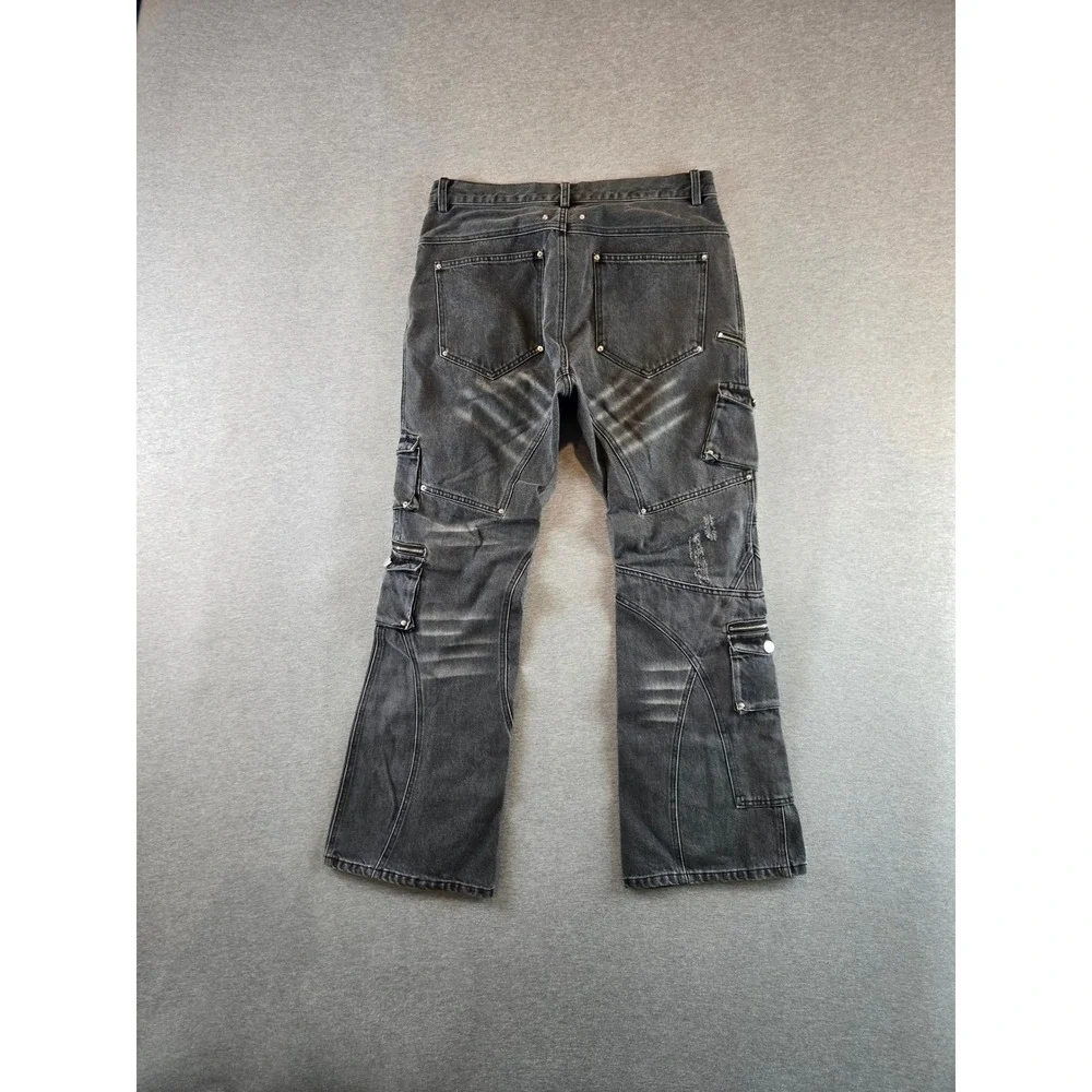 Insain Worldwide Cargo Jeans Mens L 34W Washed Black Streetwear Distressed Flare